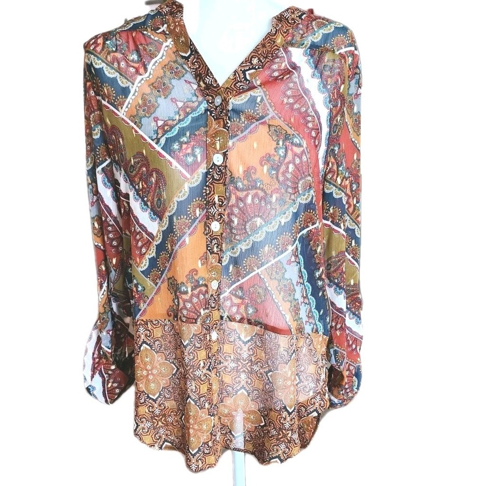 Fig & Flower Blouse Women's Small Sheer Tunic Boho Retro Harvest Autumn Fall NWT